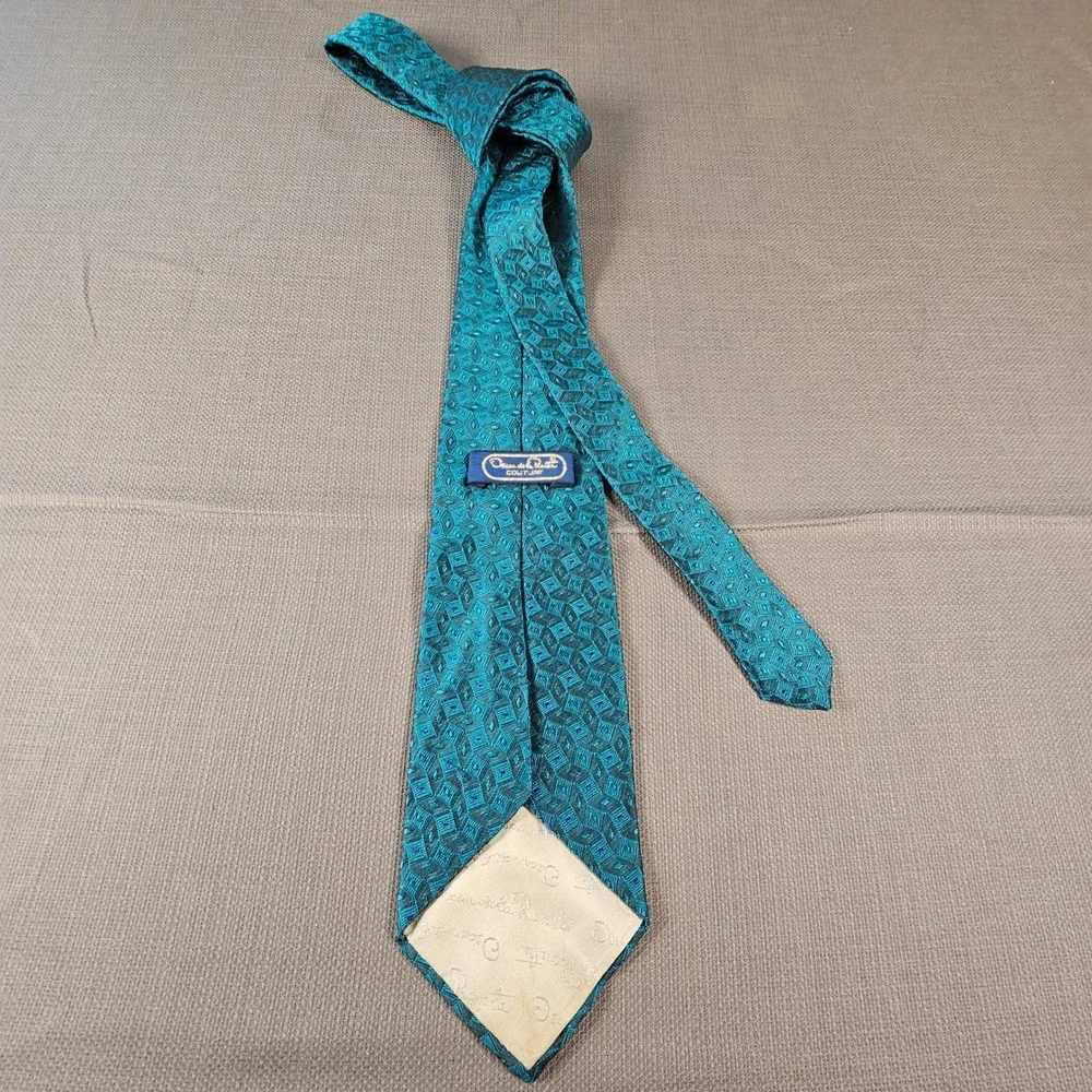 Oscar‎ de la Renta Couture Mens Teal Geometric Silk Necktie Designer Tie